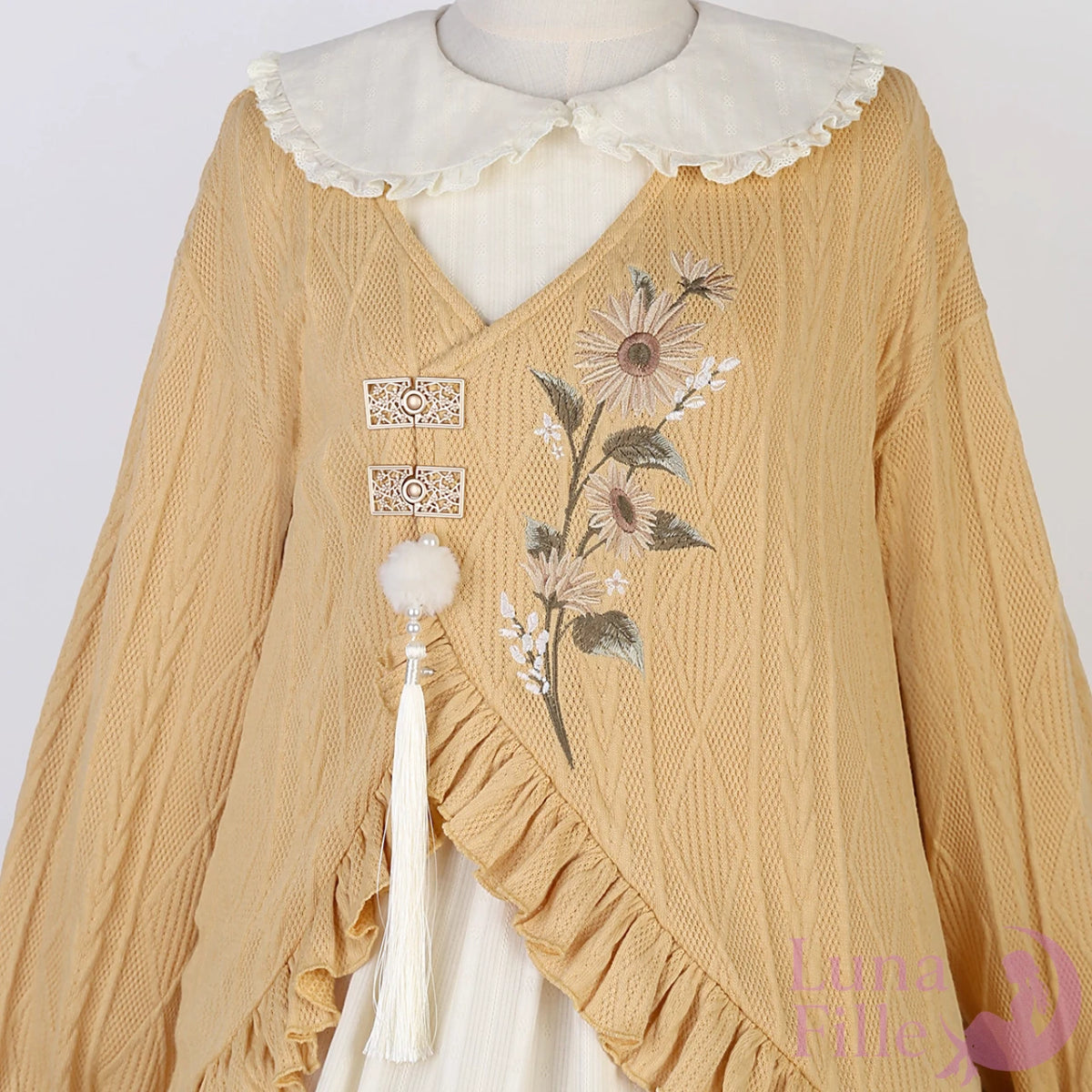 お花刺繍ニット×レースワンピの2点セット|華風ボタンが甘い普段着ロリータセットアップ【LF-027】