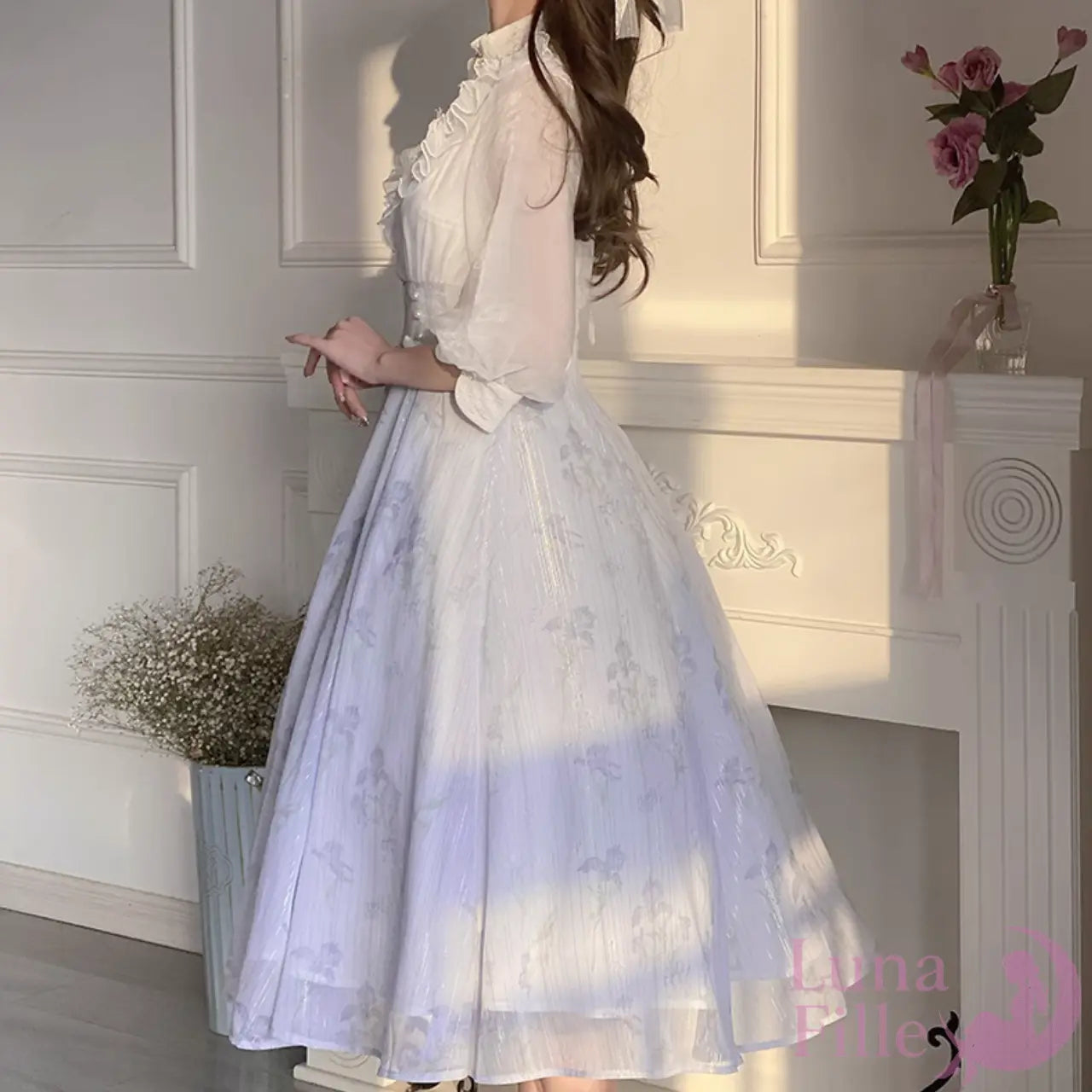 フリル襟花柄ワンピース|編み上げウエストが上品なクラシカルロリータスタイル【LF-003】