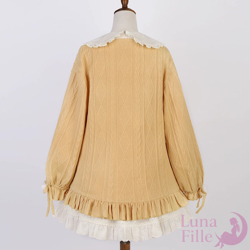 お花刺繍ニット×レースワンピの2点セット｜華風ボタンが甘い普段着ロリータセットアップ【LF-027】