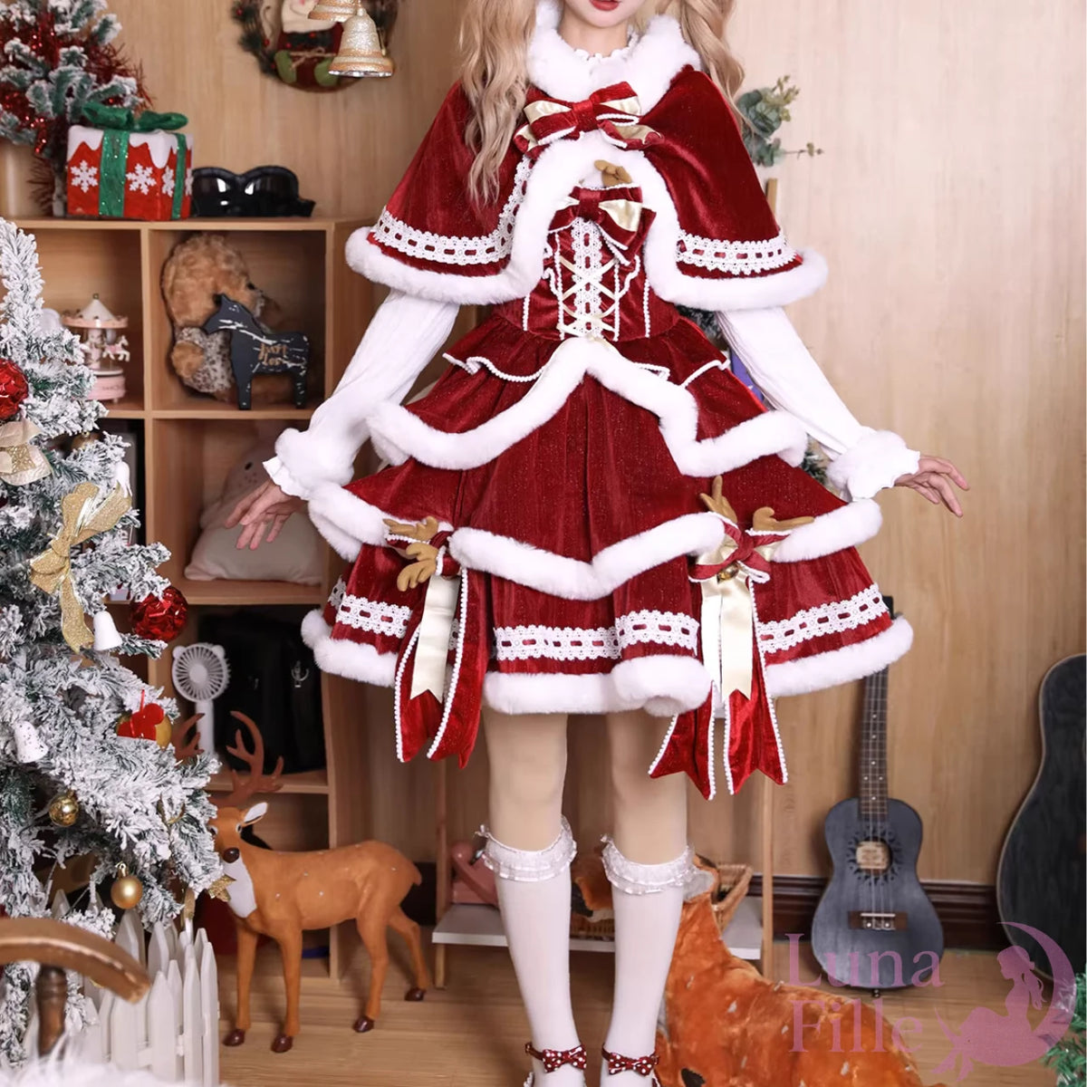 クリスマスケープドレス3点セット｜ふわふわファーと編み上げリボンの姫系ロリータスタイル【LF-013】
