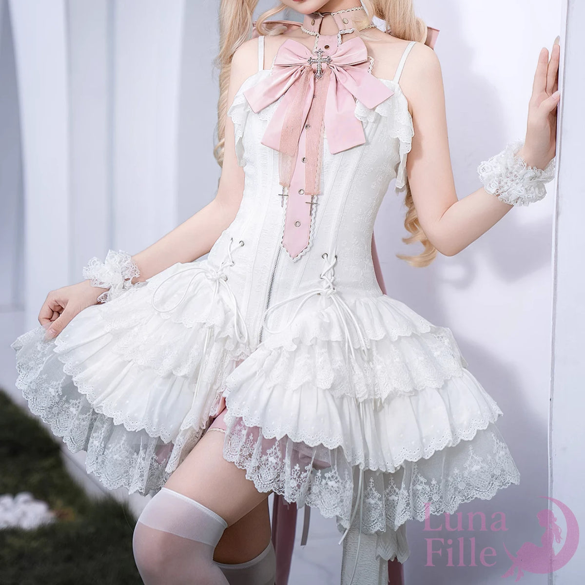 コルセットスカート＆パンツセット｜特大リボンとティアードレースが主役の姫系ロリータセットアップ【LF-024】