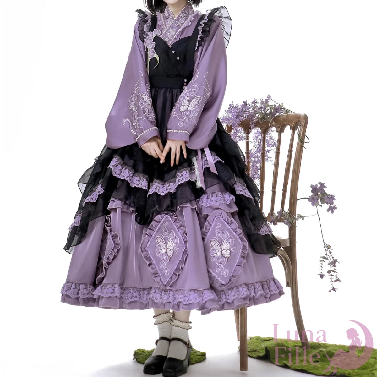 和ロリワンピース＆黒エプロンドレス2点セット｜蝶刺繍と長袖フリルの和風ロリータスタイル【LF-016】