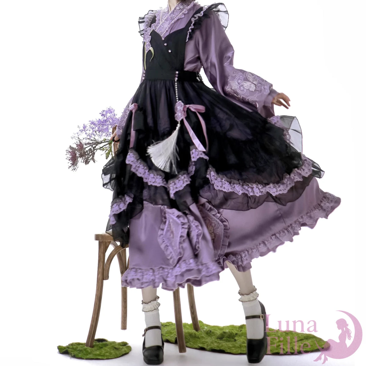 和ロリワンピース＆黒エプロンドレス2点セット｜蝶刺繍と長袖フリルの和風ロリータスタイル【LF-016】