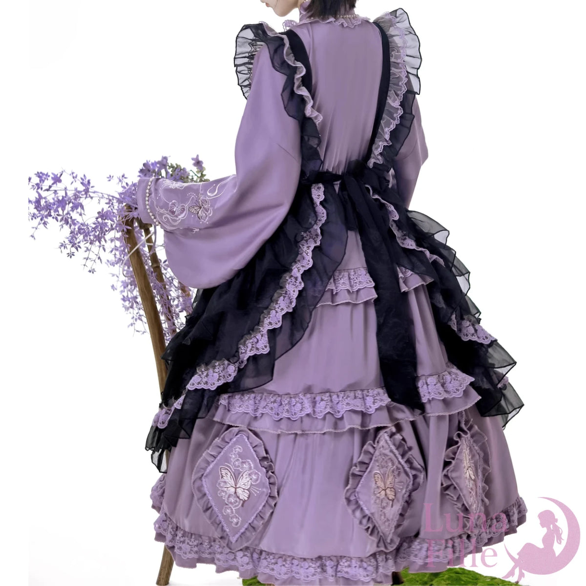 和ロリワンピース＆黒エプロンドレス2点セット｜蝶刺繍と長袖フリルの和風ロリータスタイル【LF-016】