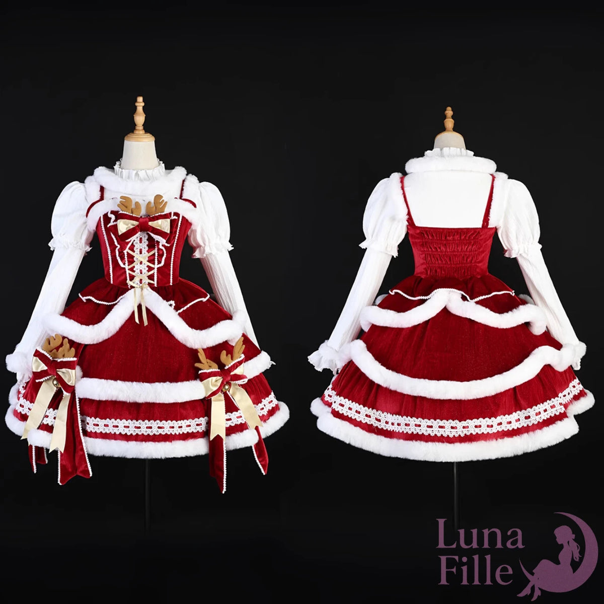 クリスマスケープドレス3点セット｜ふわふわファーと編み上げリボンの姫系ロリータスタイル【LF-013】
