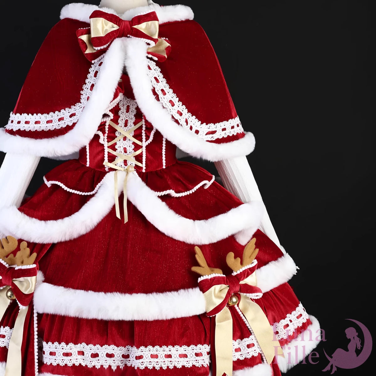 クリスマスケープドレス3点セット｜ふわふわファーと編み上げリボンの姫系ロリータスタイル【LF-013】