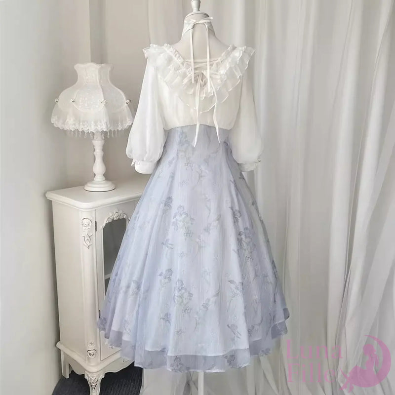 フリル襟花柄ワンピース｜編み上げウエストが上品なクラシカルロリータスタイル【LF-003】