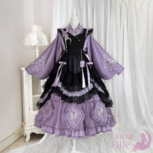パープルの和風ロリータドレスと黒エプロンを合わせた2点セットの正面画像