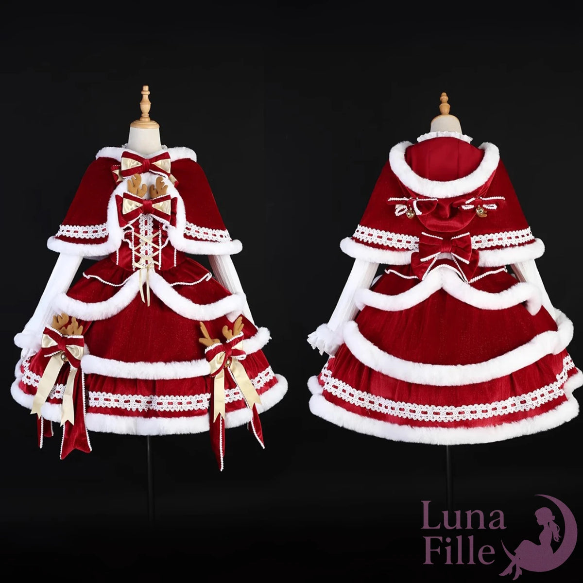 白いファーで縁取られた赤いクリスマスロリータのセットアップの正面画像